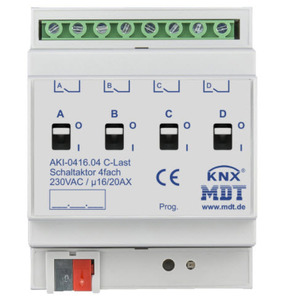 KNX switching actuator, 4 binary outputs , 230VAC, 16A / 20A, 200µF C-load, DIN rail, Ref. AKI-0416.04